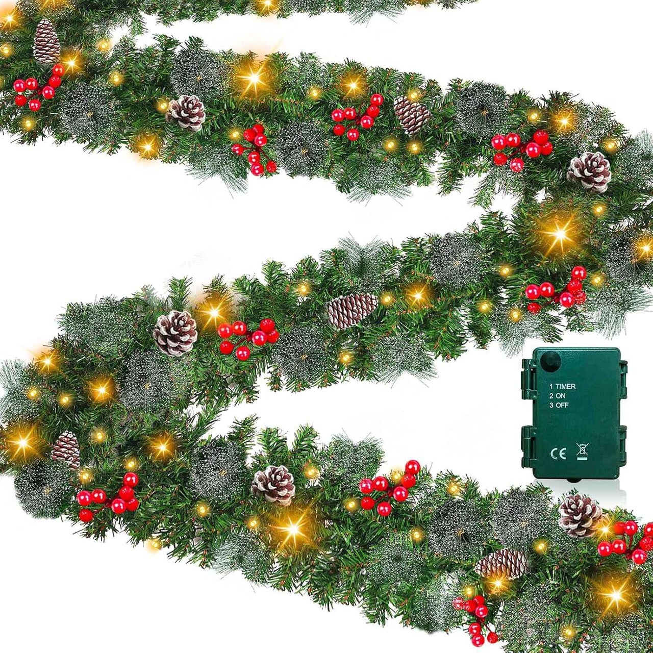 Christmas Garland with Branches, Red Berries & Pinecones - 9 Ft by 10 Inch (50 Warm White LEDs)